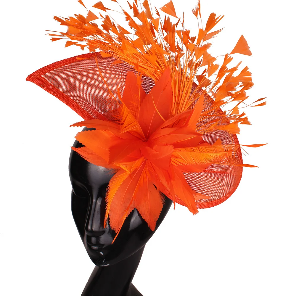 Charming Orange Feather Wedding Hair Clips Fascinators Hat Flower Bride Headwear Veils Women Party Married Hair Accessory SYF678