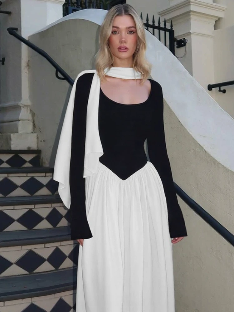 Abiti da donna Fasciatura Abito da sera patchwork a maniche lunghe Moda femminile Tuniche a vita alta Abiti da ballo lunghi a trapezio increspati