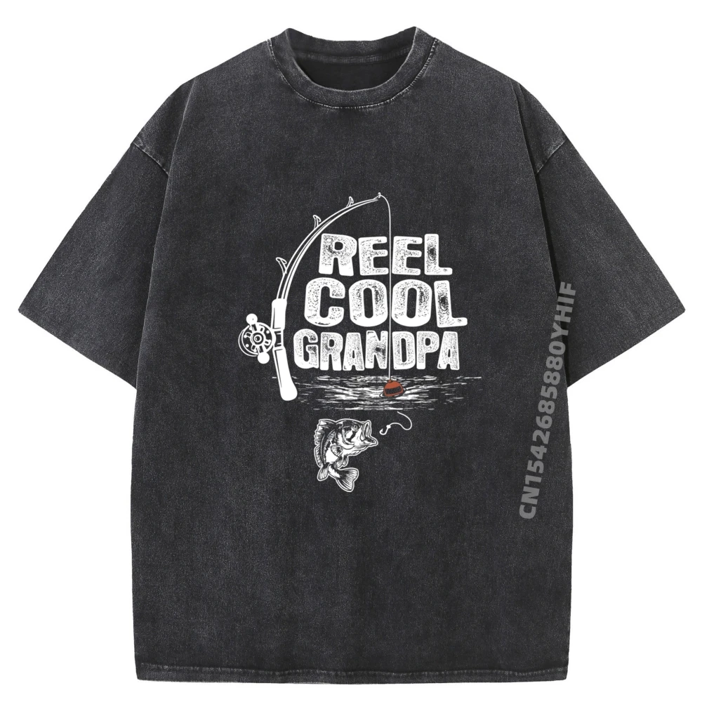 

Vintage Fishing Reel Cool Grandpa Classic T Shirts Summer Loose Printed Tees Comfortable Retro Washed Tee Shirt Mens