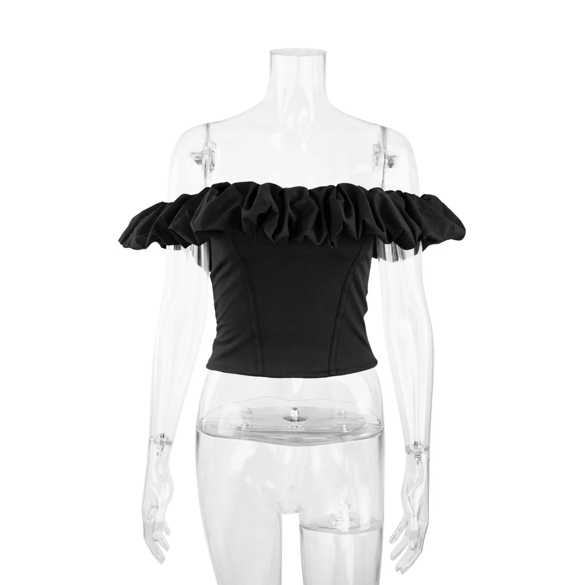 حار بيع جديد أكمام تكدرت المرأة الأعلى النمط الأوروبي والأمريكي مثير سطر واحد طوق خارج على الكتف تي شيرت #4