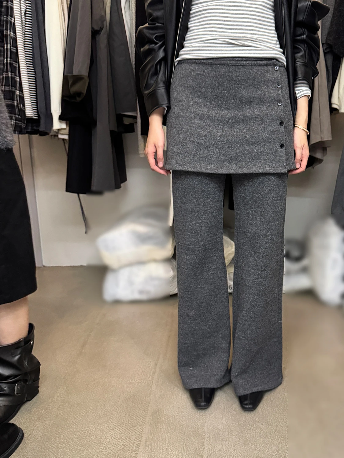 

High Waist Knitted Pants Women's Autumn Winter Slimming Fleece Lined Two Piece Set Detachable Butt Curtain Casual Loose Fit