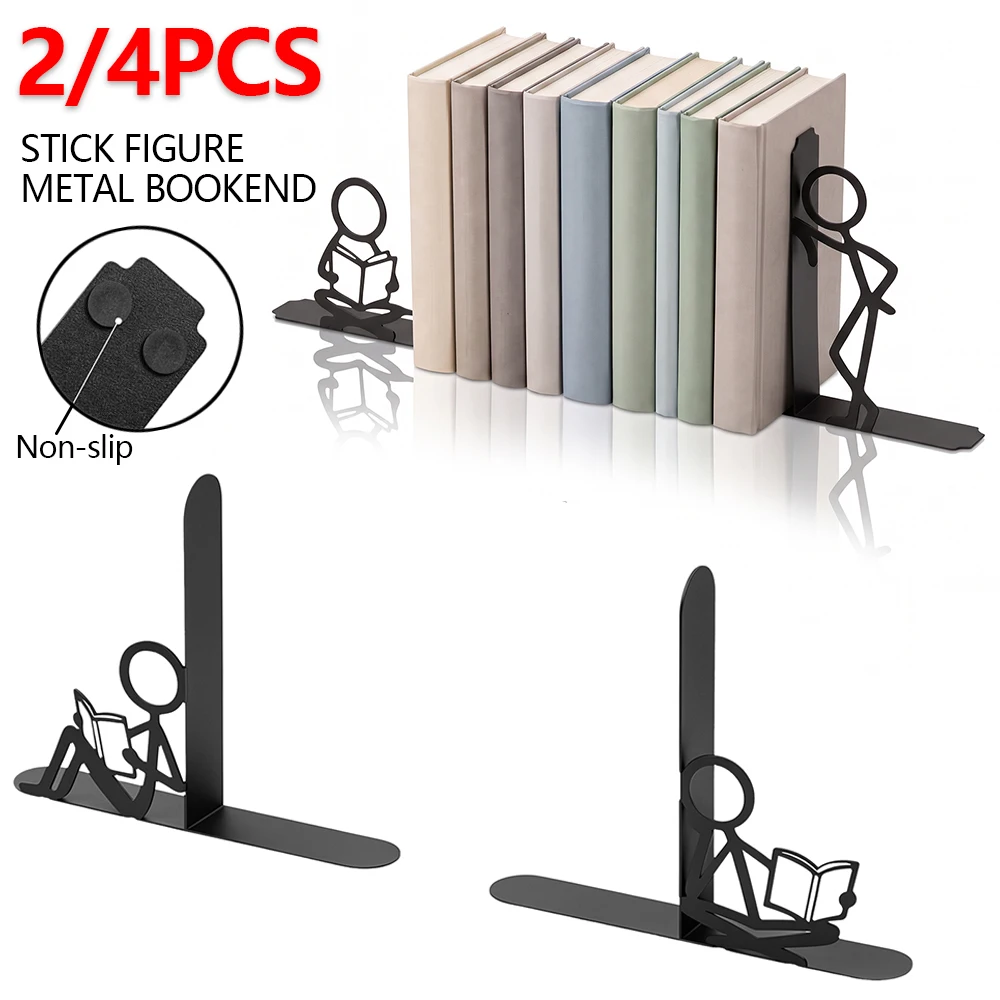 4Pcs Metal Bookends Creative Stick Figure Book Ends Non-slip Office Desktop Organizer for Home Bookshelf Study Room Decoration
