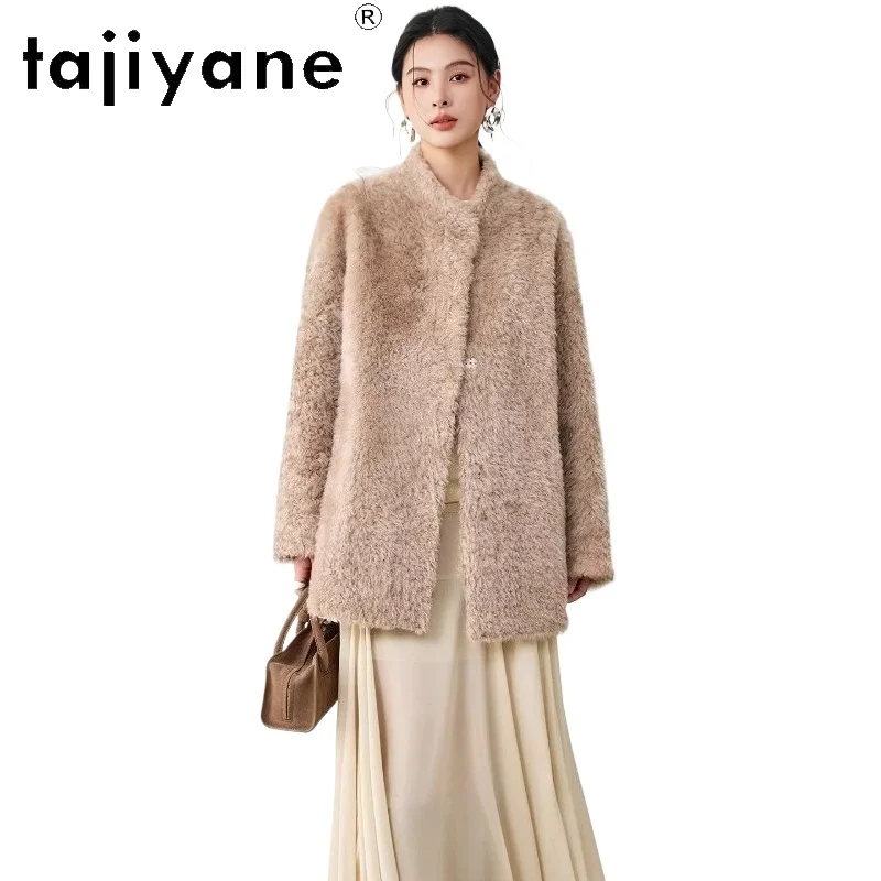 Tajiyane casacos de pele de carneiro natural com lã anexada, casaco de pele real de comprimento médio para mulheres, jaqueta quente de inverno 2025, roupas femininas шу omega