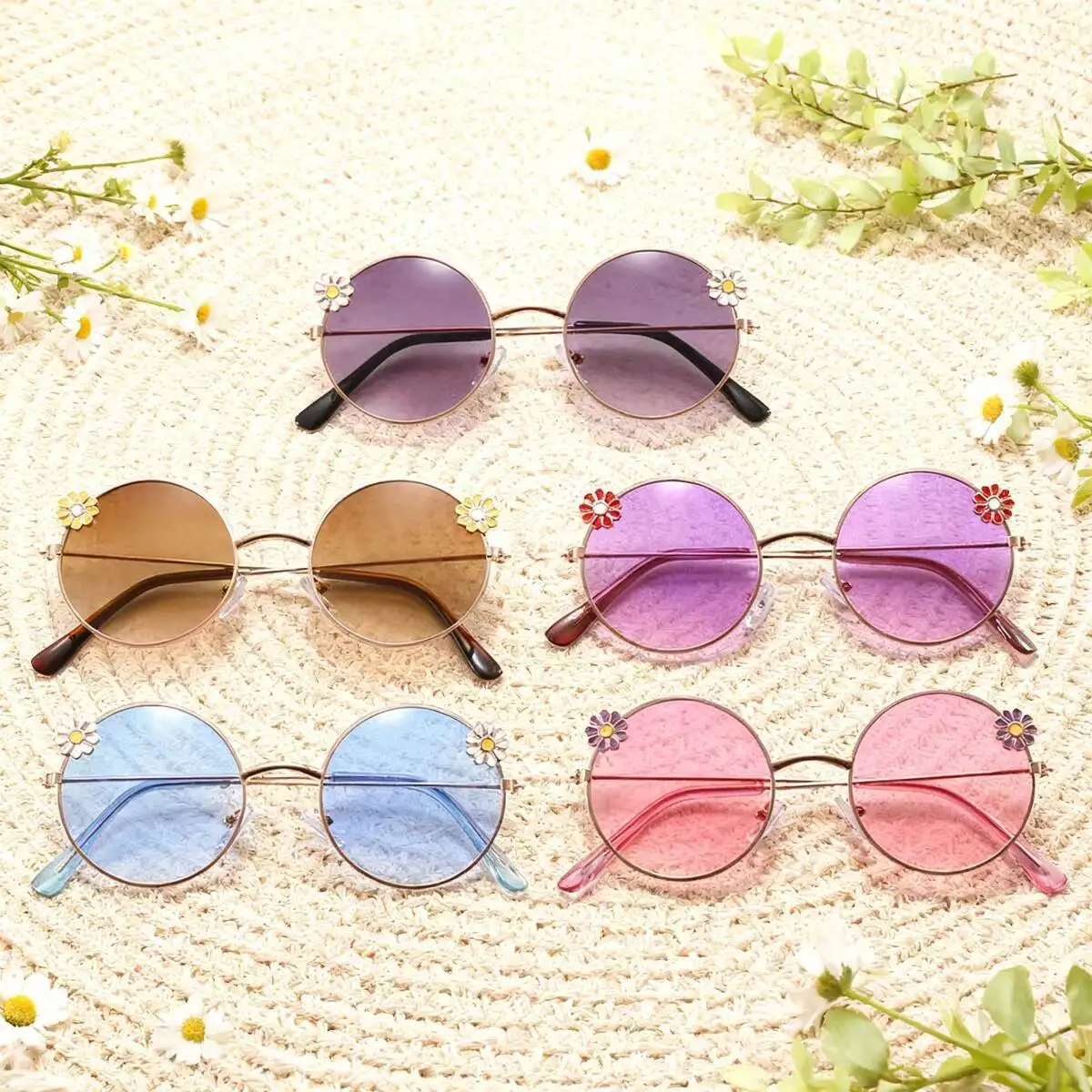2026 UV400 Retro Neue Kinder-Sonnenbrille mit rundem Rahmen, Blumenmuster, für Babyausflüge, Sonnenschutz, konkaver Stil, für Fotoshootings