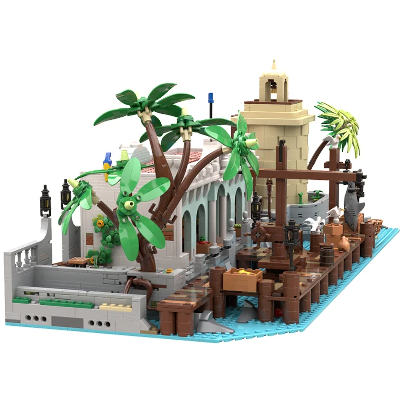 Klocki konstrukcyjne Moc, model Marketu na Brzegu Morza, technologia, modułowy model pirackiej fortecy, zabawka z klocków, montaż DIY, prezenty świąteczne