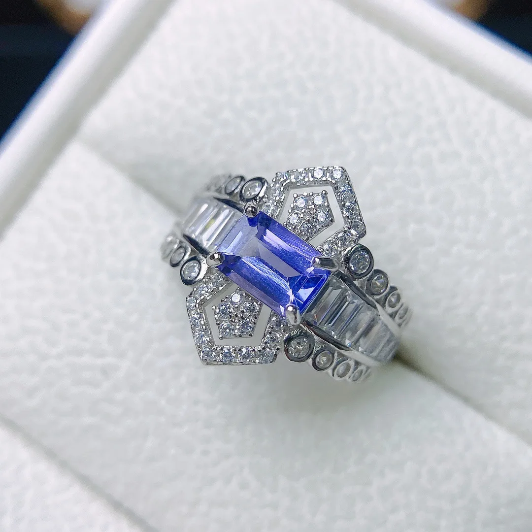 Natural Tanzanite Art Deco Ring 4*6mm Emerald Cut Stone S925 Silver White Cubic Zircon Adjustable Women Blue Gem Ring