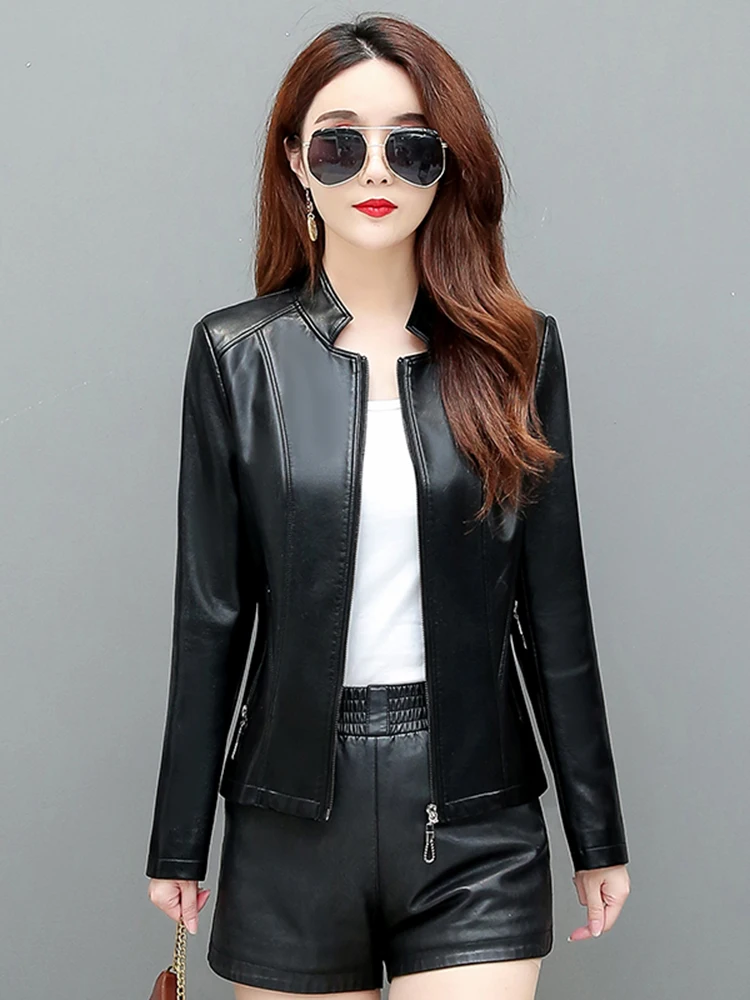 2025年春 レディース レザー ジャケット スリムフィット ブラック ジッパーデザイン 通勤用 シープスキン Sサイズ ファッション アウターウェア
