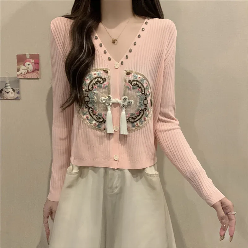 Knitted Cardigan Sweater Women's 2024 Autumn New Chinese Style Clothes Diamond Embroidered Air-conditioning Shirt Sunscreen Top