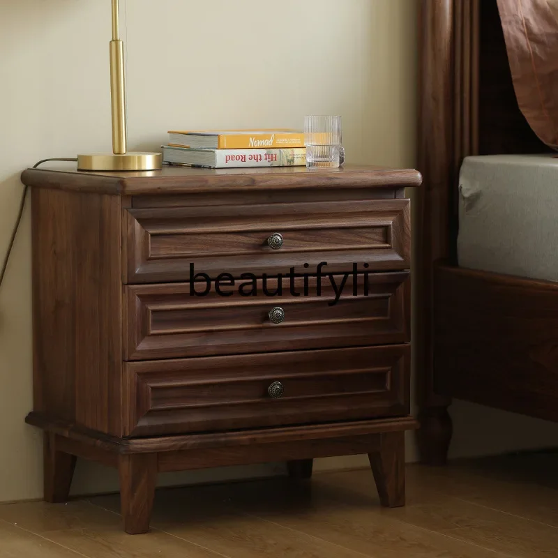 Asmt52 Nordic Black Walnut Solid Wood Nightstand Light Luxury Three-Drawer Simple Natural Wood Storage Cabinet Bedroom Solid Woo
