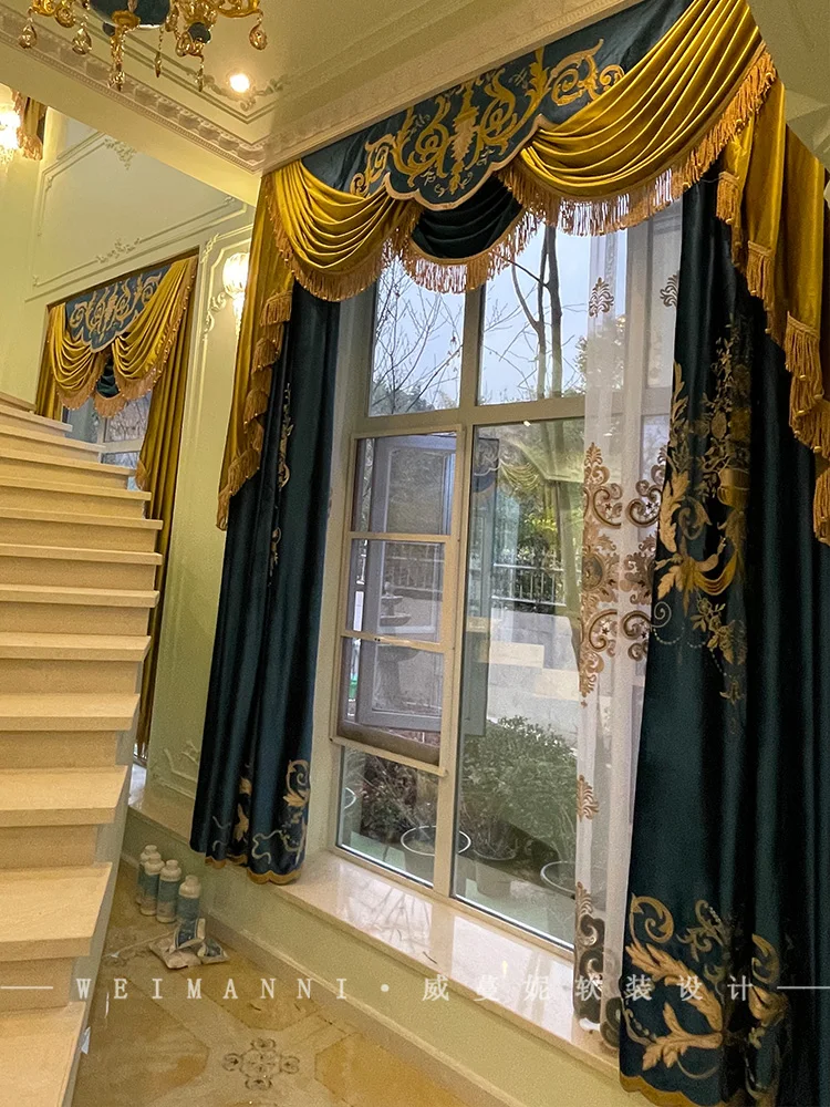 Customized European Palace Embroidered Luxury Blue Valance Velvet Curtains for Living Room Bedroom Window Decor Tulle Elegant