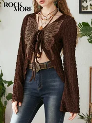 Rockmore Lace Butterfly Patchwork Cardigan Top for Women Y2K Aesthetics Brown Bandage Long Sleeve T Shirts Grunge Fairycore