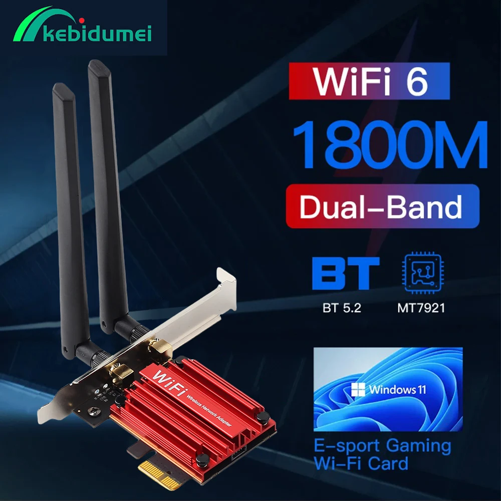 

Kebidumei WiFi 6 Адаптер 1800 Мбит/с Беспроводной адаптер PCI Express BT 5.2 Двухдиапазонная сетевая карта Wi-Fi 802.11AX MT7921 Windows 10/11