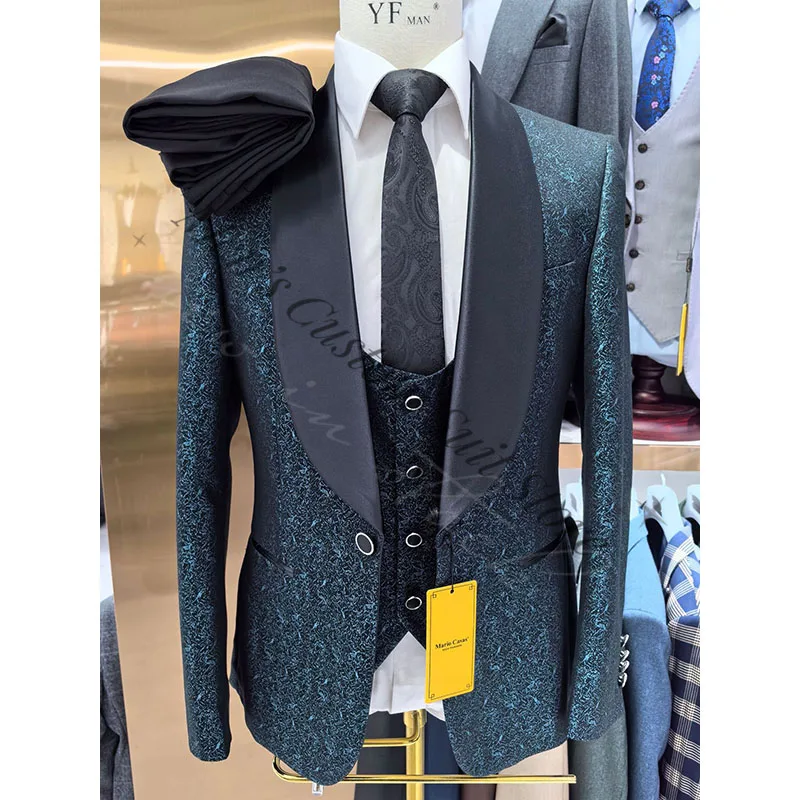 

Newest Design 3 Pcs Men Suits Sets Printed Blazers Slim Fit Jacket Pants Vest Men Suit Business Wedding Grooms Tuxedos Outfit