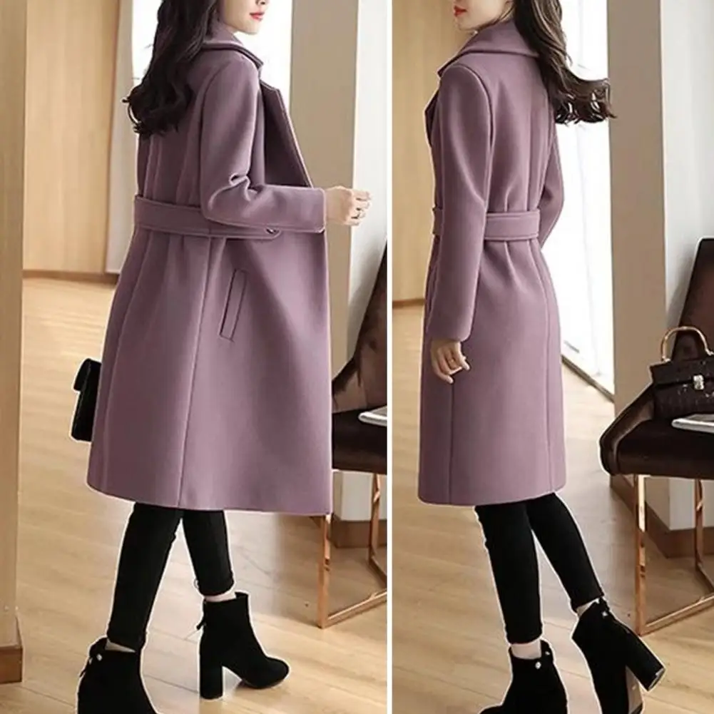 

Winter Coat Stylish Mid-length Women's Overcoat Thick Solid Color Turn-down Collar Belted Button Closure for Fall Winter Suit