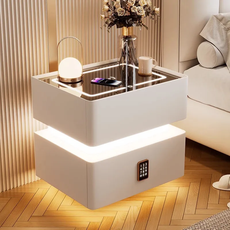 40cm Smart Nightstand with Sensor Light, Compact Lockable Solid Wood Bedside Table, Modern Style Storage Cabinet for Bedroom
