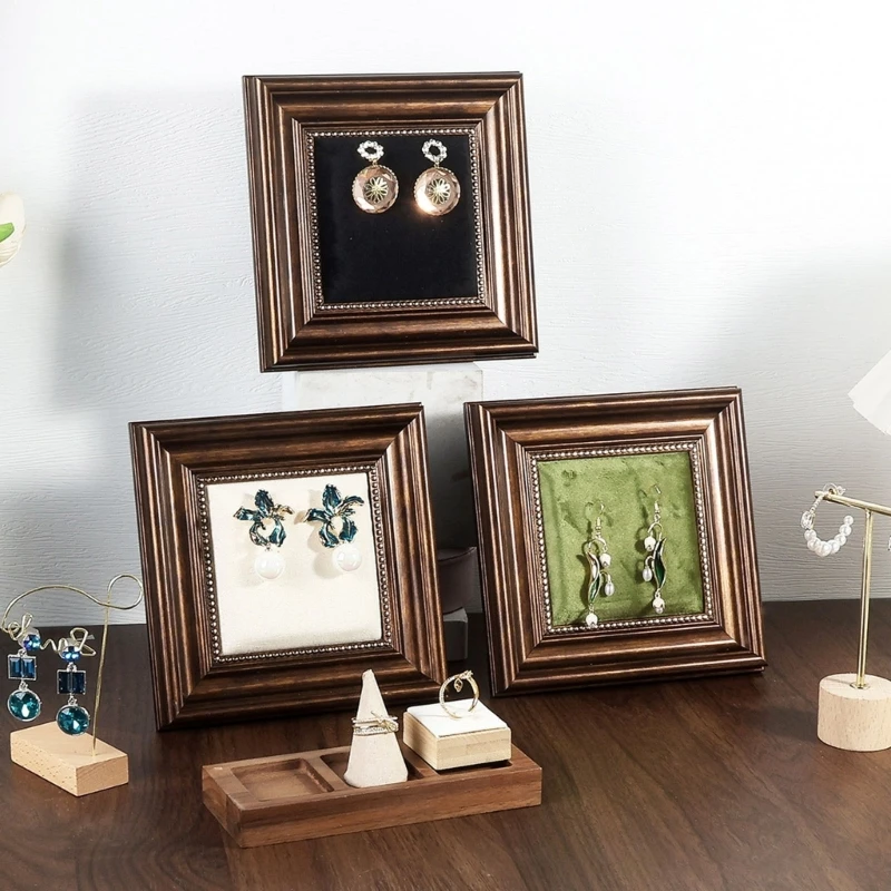 

Q0KE Scandinavian Inspires Wooden Jewelry Presentation Stand Velvets Lining Earrings Ring Accessories Holder