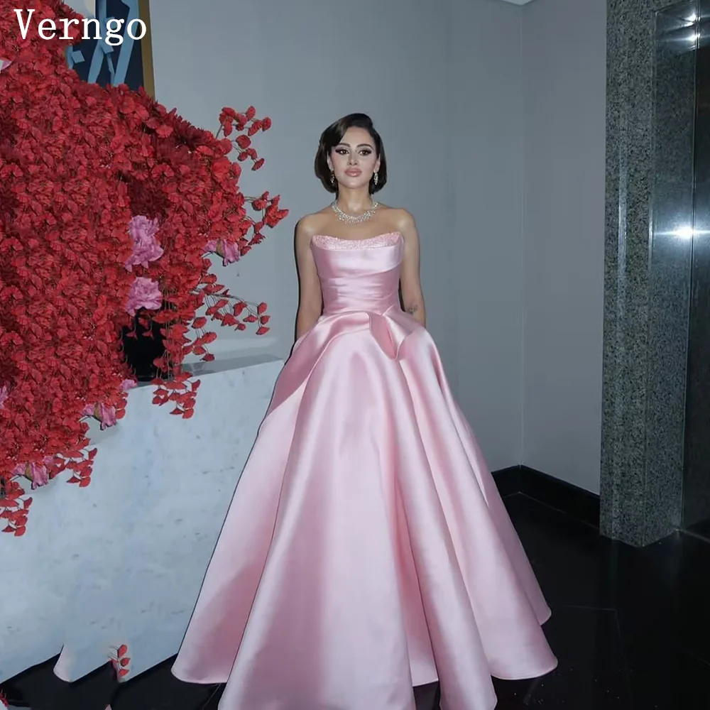 

Verngo Pink Satin Evening Dresses Sequined Strapless A Line Prom Gowns Elegant Formal Occasion Dresses Customized