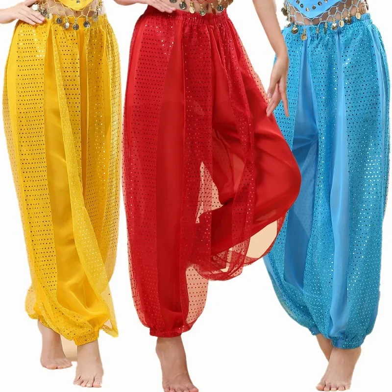 Women Indian Dance Pants Oriental Tribal Bellydance Pants Highlights Chiffon Bloomers Stage Performance Dance Practice Trousers