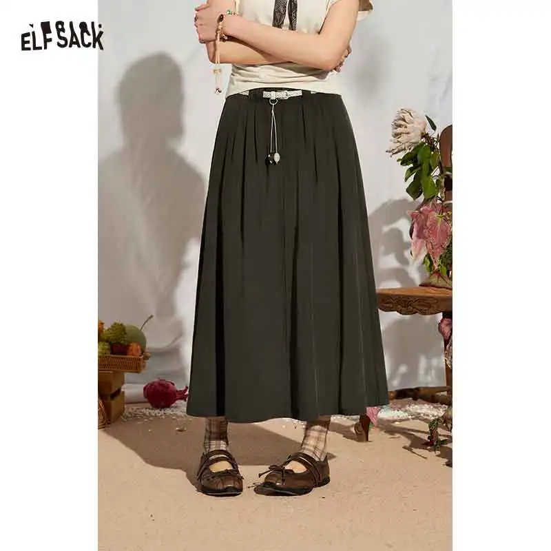 

ELFSACK Women's Casual A-Line Maxi Skirt, High Waist Loose Fit Long Skirt with Belt, Minimalist Solid Color Summer Bottom
