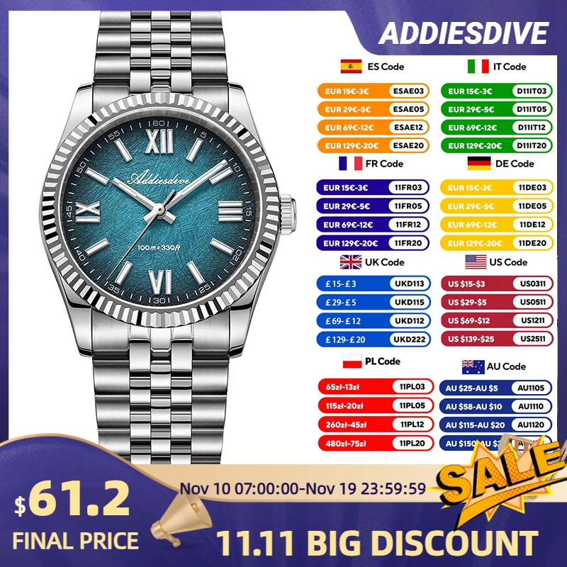

﻿ ADDIESDIVE Quartz Watches Sapphire Glass 36mm VH31 Gradient Blue BGW9 Luminous WristWatch Waterproof 10Bar Luxury Men's Watc