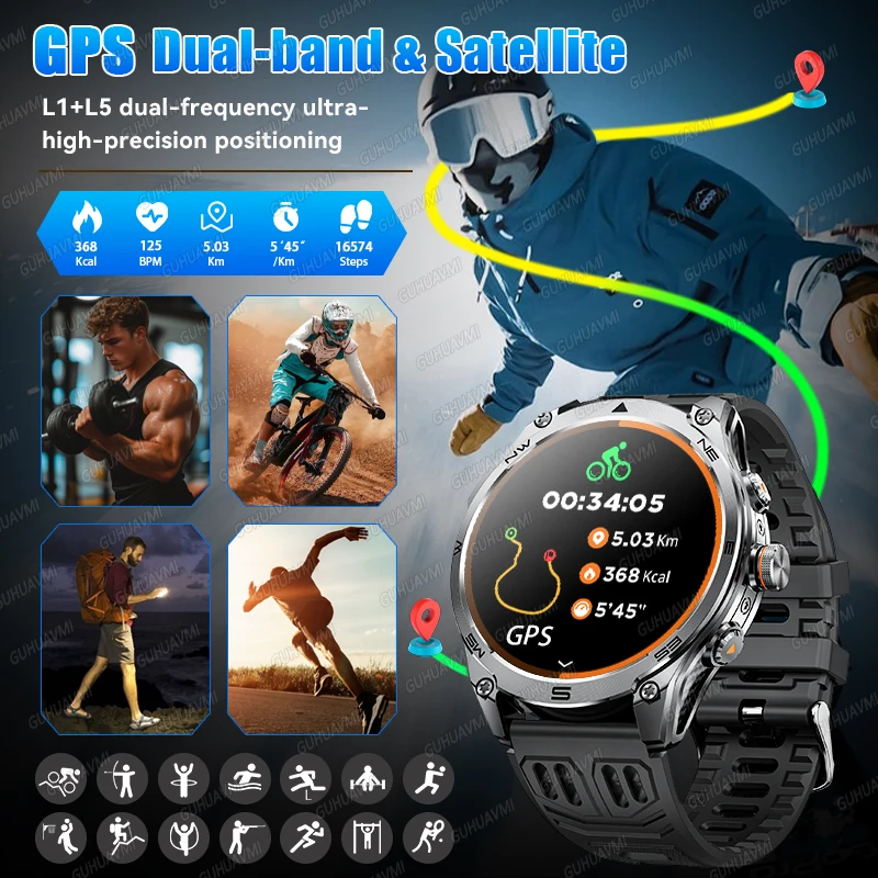 2026 새로운 울트라 밀리터리 그레이드 1000mAh 배터리 스마트 워치 10ATM 방수 GPS 나침반 HD 통화 1.73인치 AMOLED 170+스포츠 스마…