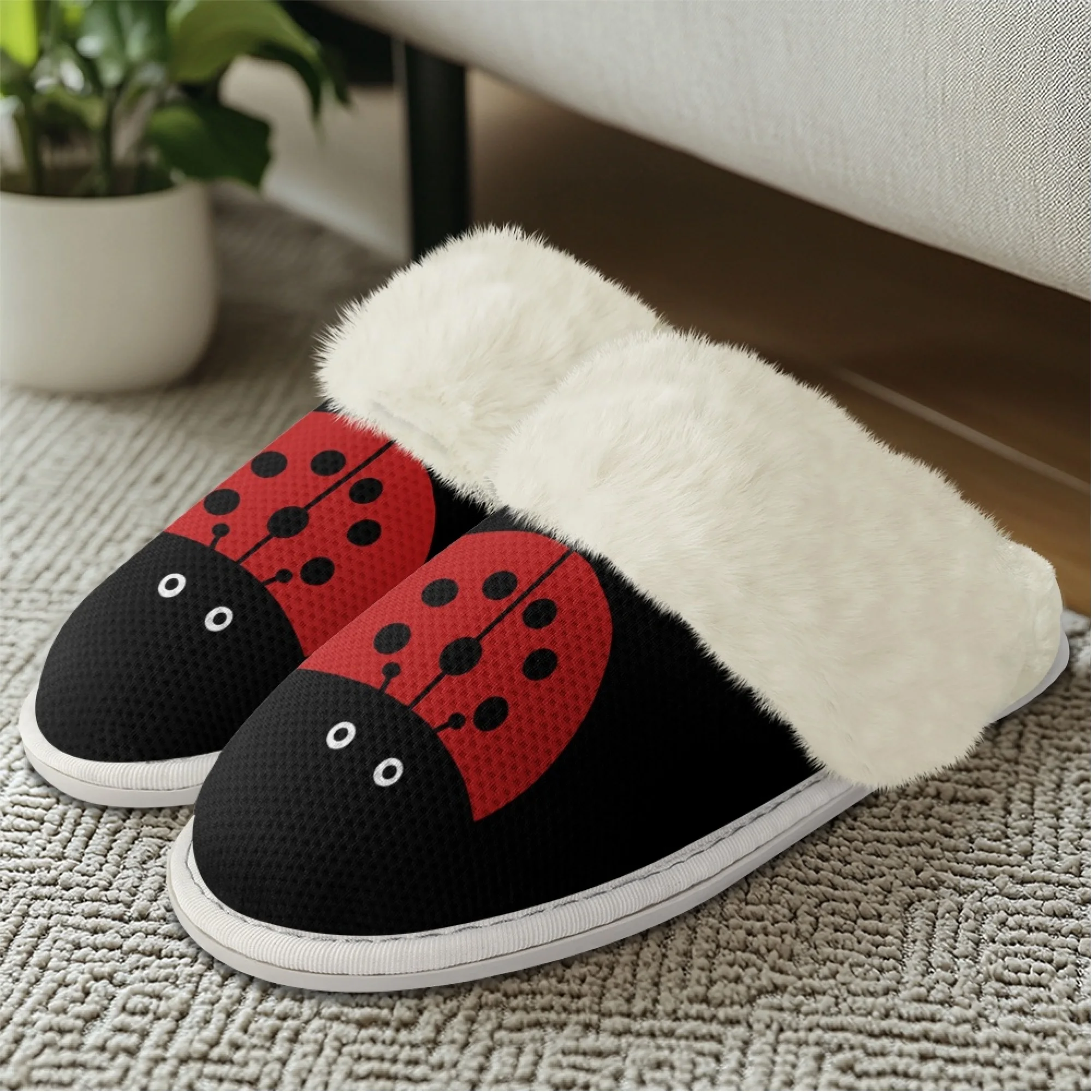 INSTANTARTS Women Flat Short Fuzzy Slippers Animal Seven Spotted Ladybug Non Slip Soft Breathable Indoor Winter Shoes Keep Warm