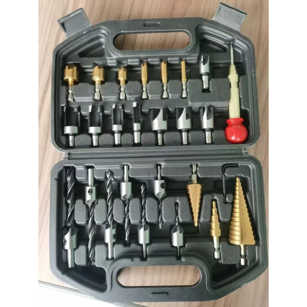 High Speed Steel Drill Set 26 Pieces Including Precision Center Punch Step Drill Bits and Chamfering Tools for Wood and Metal