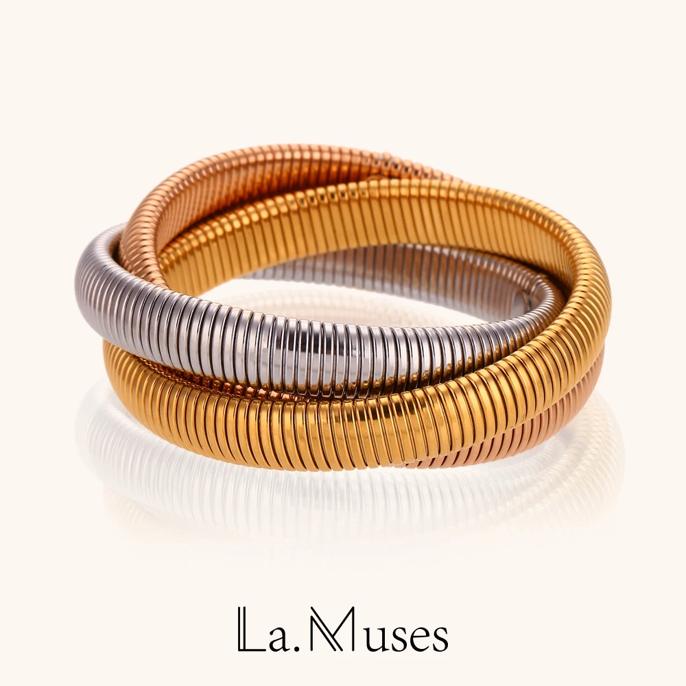 La. Muses Minimalist Three-Layer Winding Elastic Snake Chain Gold Silver Mix Color Stainless Steel Bracelet For Women Jewelry