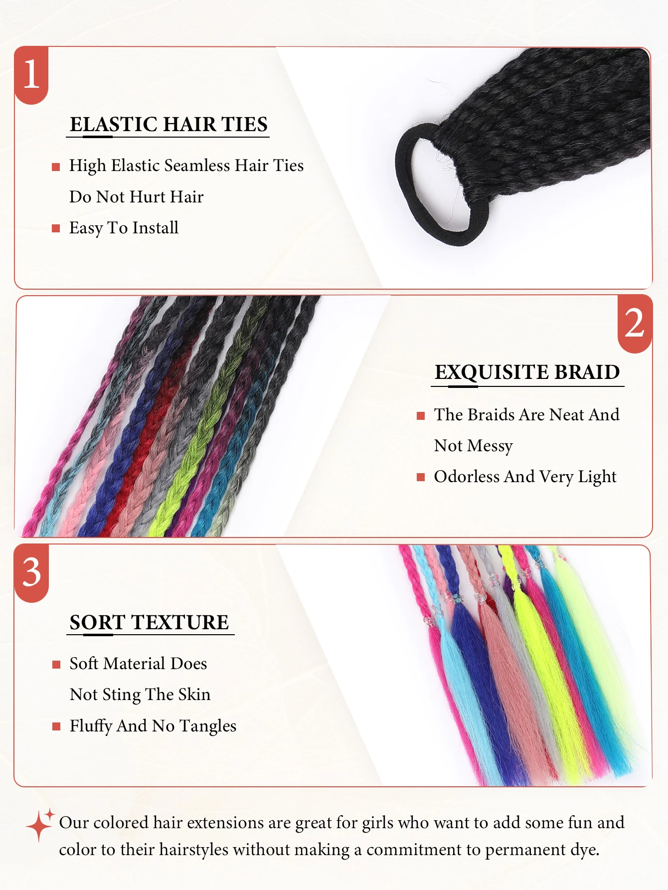 وصلات شعر صناعية مضفرة بألوان قوس قزح مع أربطة مطاطية على شكل ذيل حصان مستقيم لحفلة مهرجان الموسيقى والعام الجديد