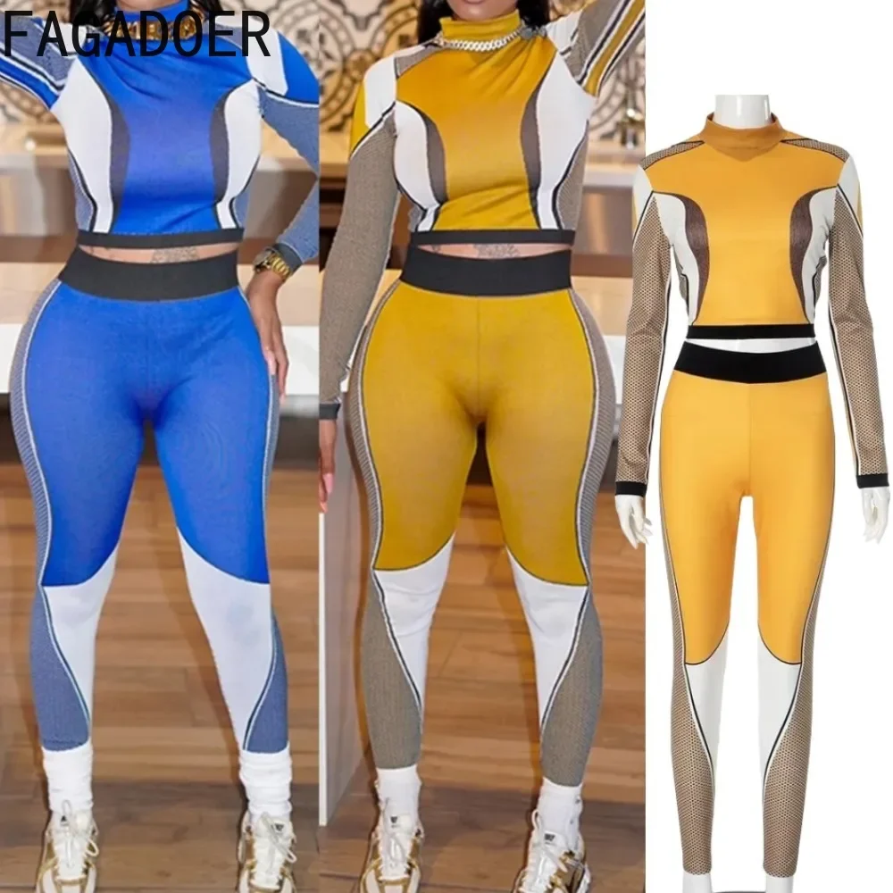 Fagadoer na moda bloco de cor 2 peça conjunto feminino gola alta impressão retalhos colheita topo + cintura alta leggings calças streetwear