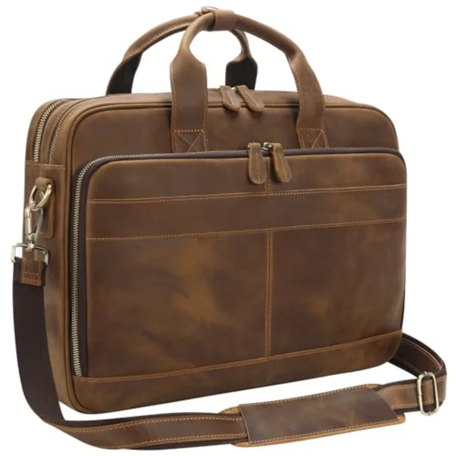 Full Grain Leather Briefcase for Men Business Messenger Bag Laptop Case Fits 15.6 Inch Laptop Brown Premium Quality Durable Des