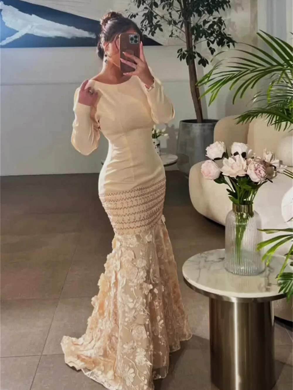 Suknie balowe Eleagnt Boat Neck Mermaid Lace Party Dress Floor Length Long Sleeve Wysokiej jakości formalne suknie wieczorowe vestido festa