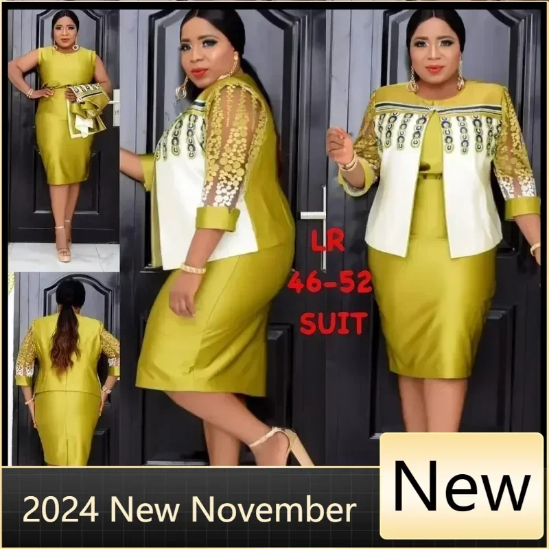 4XL 5XL Africa Plus Size Women's Dresses 2 Piece Sets Spring Autumn New Round Neck 3/4 Sleeve Pleated Dress Large Clothes