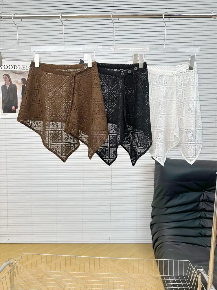 Irregular Lace Hollow out Half Skirt Women's Autumn 2026 Retro  Layering Versatile High Waist A-Line Skirt