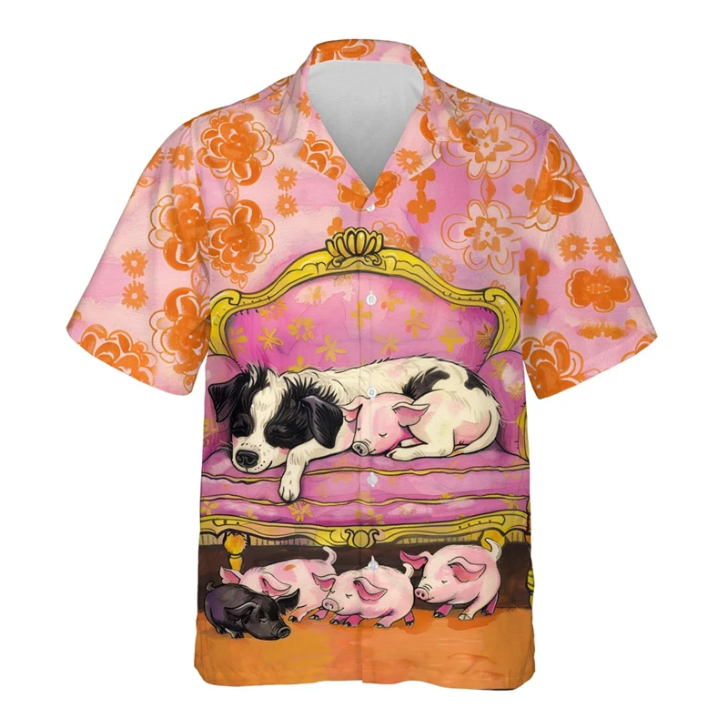 Camisa con estampado de cerdito para hombre y mujer, Blusa de manga corta con solapa de Animal divertido, estilo Kawaii, ideal para vacaciones y playa