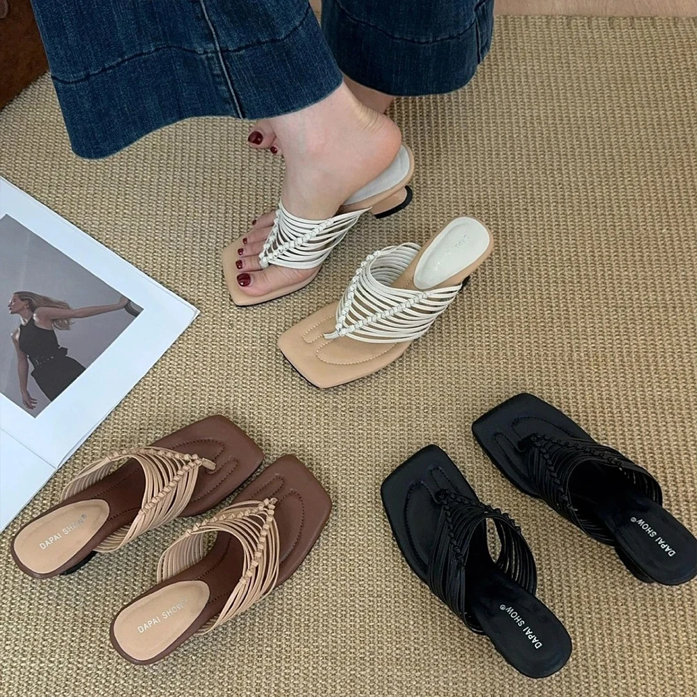 

Summer Women Kitten Heel Thong Sandals Flip Flops Slip On Square Open Toe Slippers Low Heeled Mules Slides Shoes 6cm