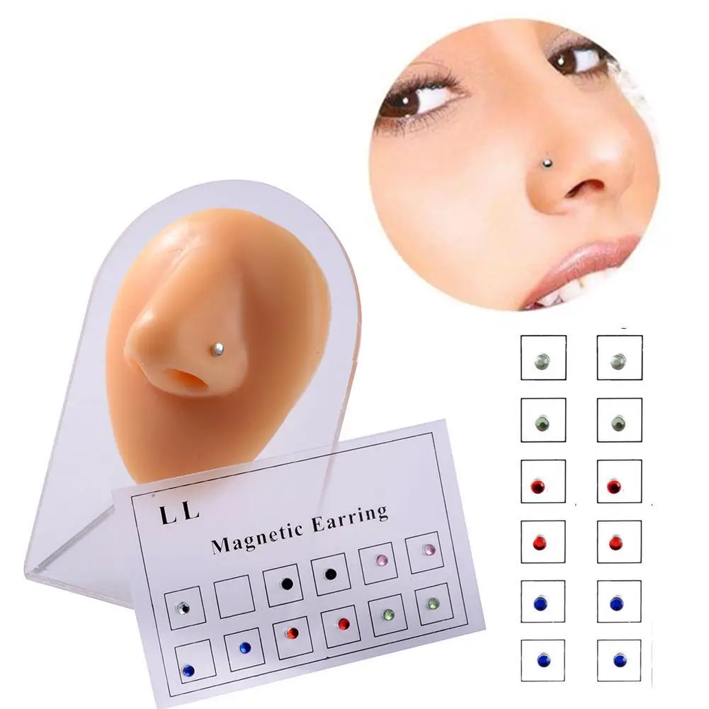 No Piercing Nose Ear Ring Magnetic 12 Pcs Ladies Fashion Nose Studs 3mm Silver Rhinestone Crystals Jewelry Rhinestone Accessory