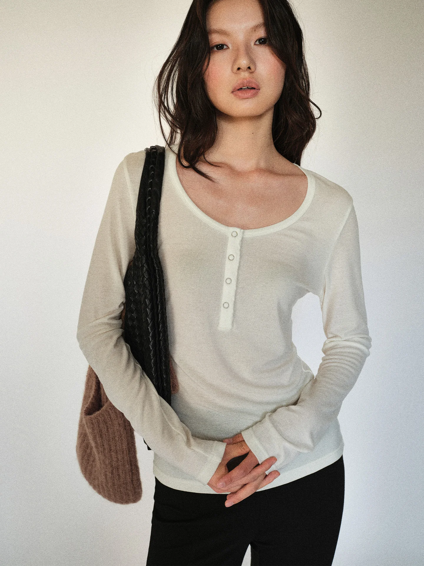 

Light Warm Lyocell Wool Henry Base T-irt Metal Button f Sve Long Sve round Ne Slim Fit Casual Sle Women's Knit...