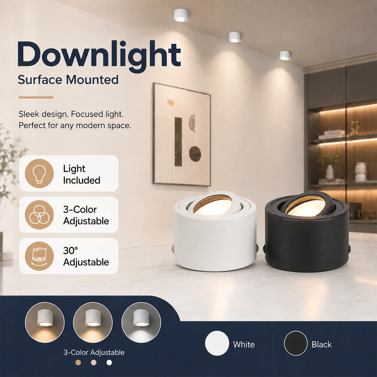 LED-Downlight 3-Farben-Licht 85-265V Aufputz-Spot-Leuchte Verstellbar 30° ° Deckenstrahler für Schlafzimmer, Wohnzimmer, Flur