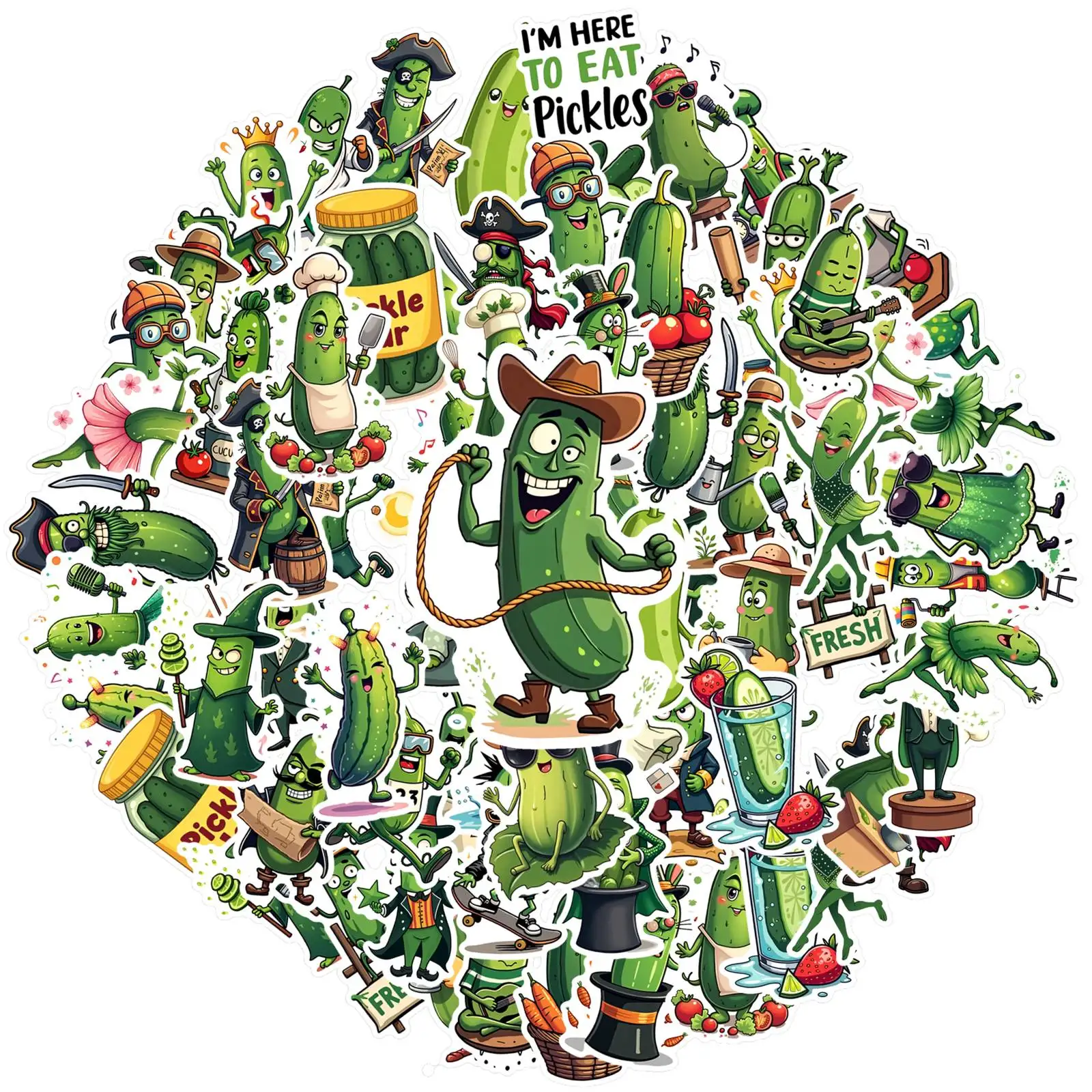 35pcs-50pcs Humorous Vegetable Personification Stickers Cartoon Pickle Characters Stationery Stickers Cartoon Stickers For DIY