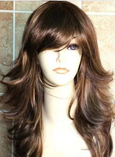 Ladies Long 2 Tone Mixed Brown Blonde Layered Cut Side Fringe Hair Fashion Wig