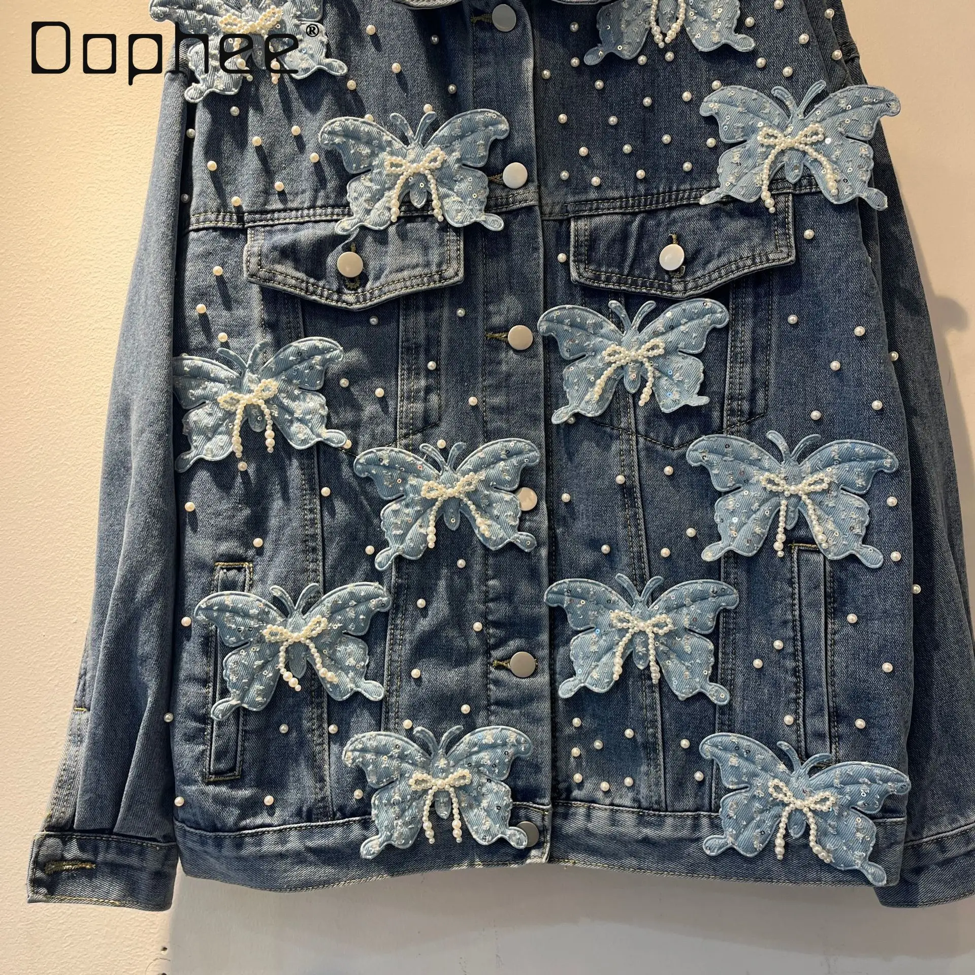 European Heavy Industry Pearl Beaded Three-Dimensional Butterfly Loose Slim Denim Coat High-End Fashion Casual Jackets for Women