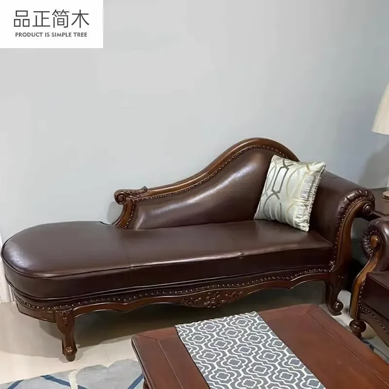 American European Style Genuine Leather Chaise Lounge Recliner Solid Wood Frame Carved Pattern for Living Room Bedroom Made