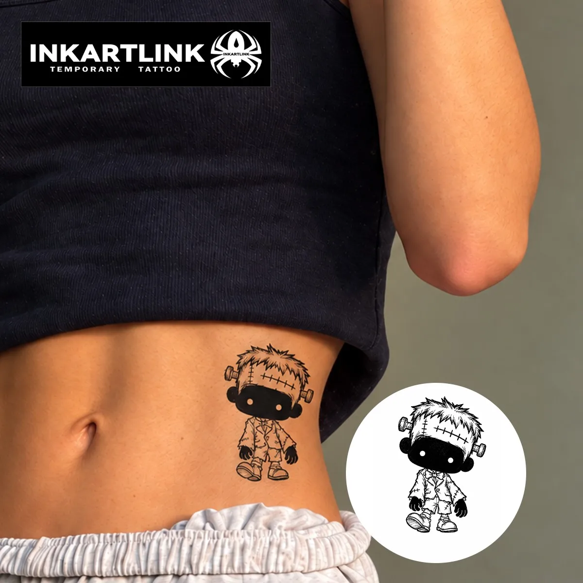 INKARTLINK 1PC Herbal Cute Frankenstein Tattoo Lasts 2-5 Days, Unisex for Halloween, Parties & Creepy Cute Style