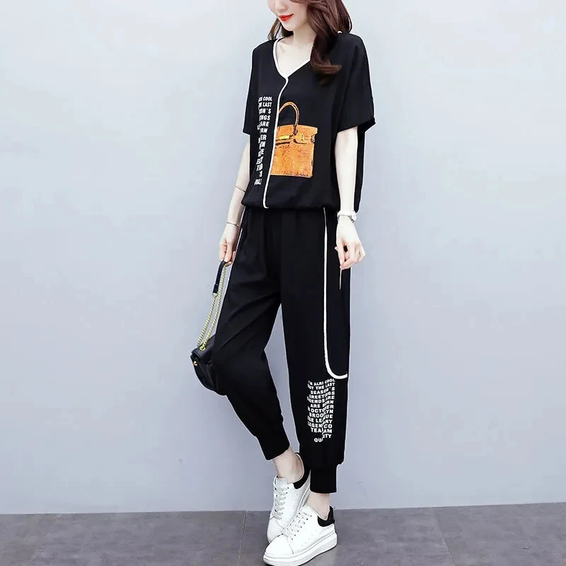 Women Sport Suit New Female Summer Short Sleeve And Pants Two Piece Set Women\'s Sportswear Female Pants Outfit Large Size 4XL