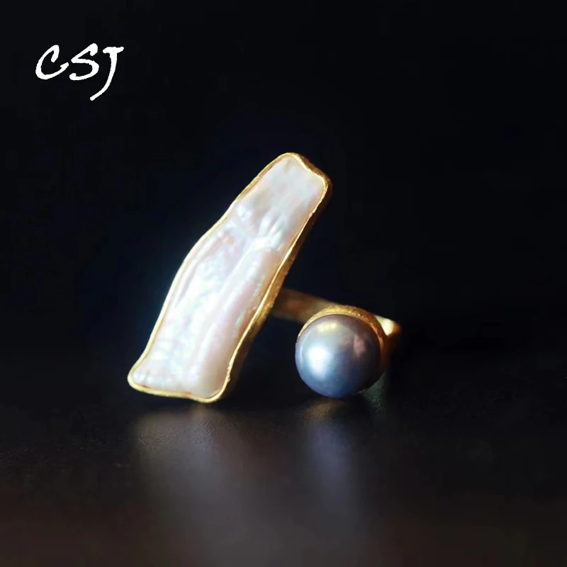 

CSJ Elegant Natural Freshwater Baroque Pearl Ring 925 Sterling Silver Handmade Jewelry for Women Party Birthday Gift