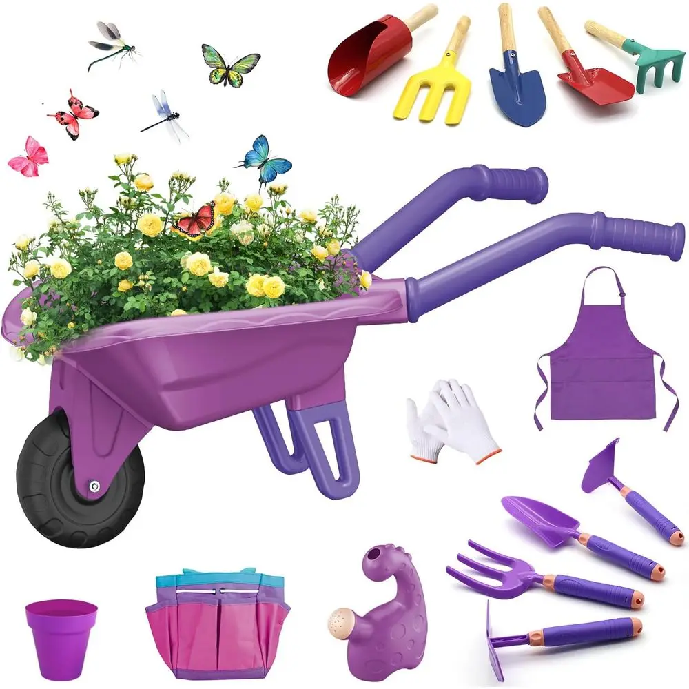 

Children's Gardening Tool Set with Wheelbarrow, Pot, Storage Bag, Rake, Fork, Shovel, and Apron for Outdoor Play