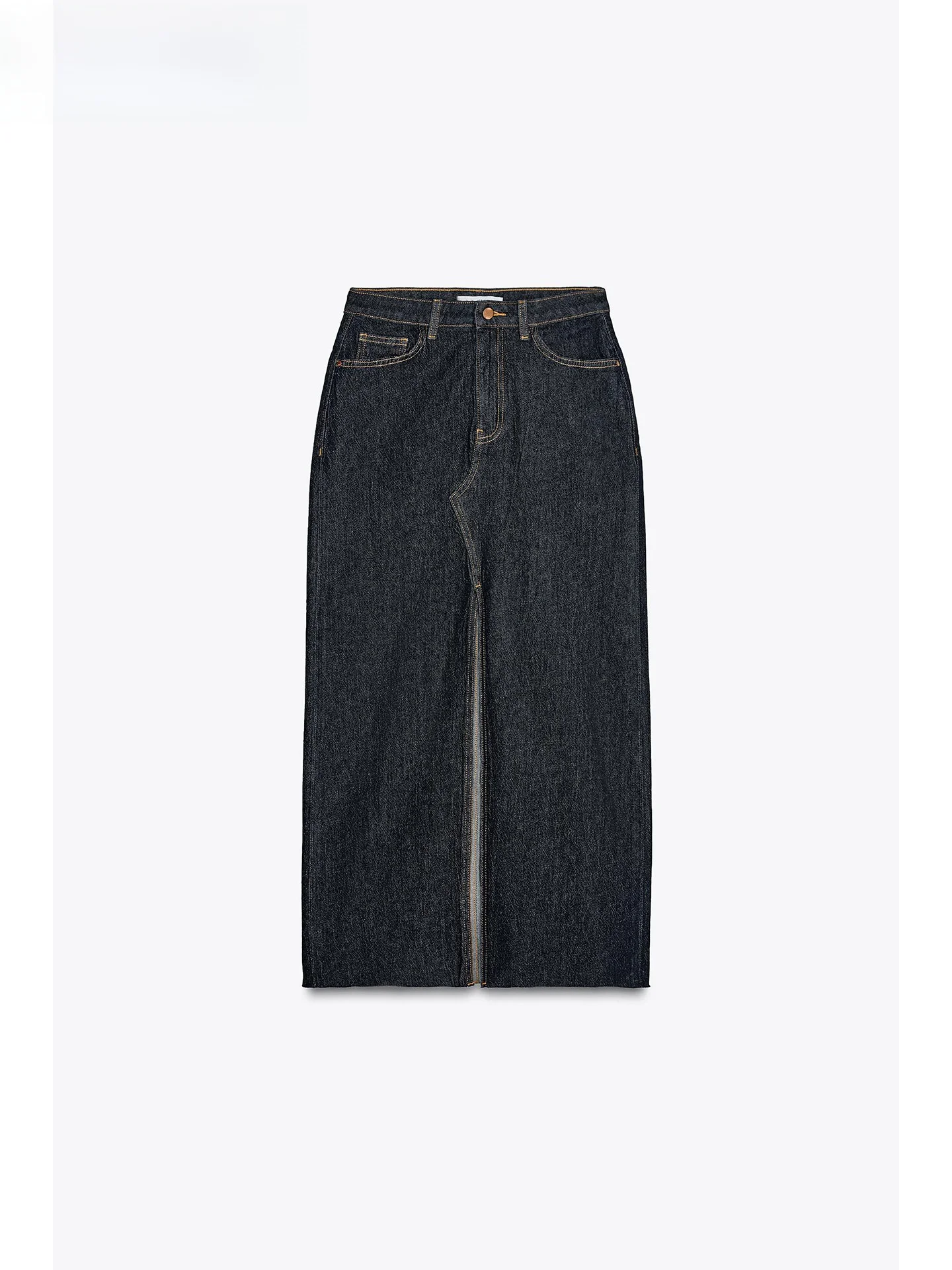 

ZAPRHA 2025 Новая высокая талия прямого кроя с разрезом темно-синяя джинсовая юбка миди скинни длинная летняя модная женская простая Ele