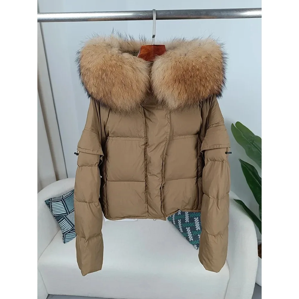 Autumn Winter Women Real Raccoon Fur Collar Hooded Detachable Sleeve Jacket Duck Down Loose Fashionable Streetwear Outerwear