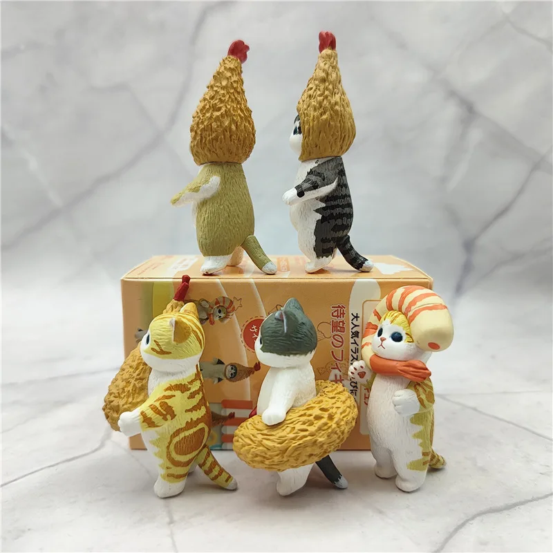 5Pcs Kawaii Fried Shrimp Cat Cos Model Doll Toy Cartoon Q Version Figurines Statue Funny Desktop Decorative Ornament Kids Gifts